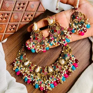 Premium Kundan Polki AD Necklace with Earrings Tika and Pearl Beads for All Occasions Elegant Design with Metal Coating
