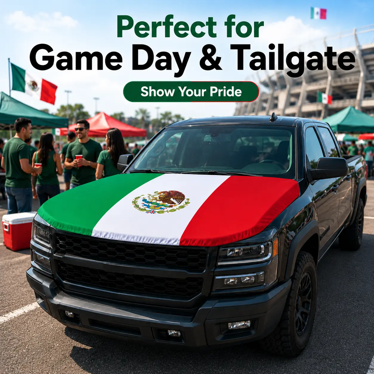 Mexico Flag Elastic Spandex Fabric Car Hood Cover - Universal Fit Auto Hood Protector with Elastic Edge, for Cars/SUVs, Light Trucks, Game Day, Family Celebrations, Easy Installation Mexican Pride Decor, Parades