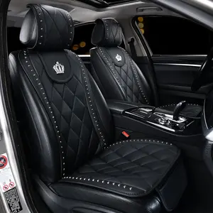 Car Seat Cover All Seasons, Durable High-Quality PU Leather, Breathable Car Seat Cushion, Sparkly Rhinestones Queen Crown Rivet Fashion Front Seat Cover, Automotive Seat Covers