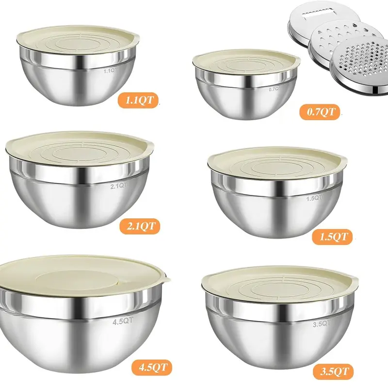 6 Piece Mixing Bowl with Lids Set,Stainless Steel Storage Bowls Kitchen,3 Grinder Attachments,Tableware Food Organizer Nesting Bowls Cooking Baking Airtight Kitchenware Bowl Prep