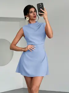 Women's Solid Color Sleeveless Stand Collar A-Line Short Dress, Natural Pleated Neckline, Layered & Luxe Look, Minimalist Chic Style, Perfect for Office, Date & Party Occasions