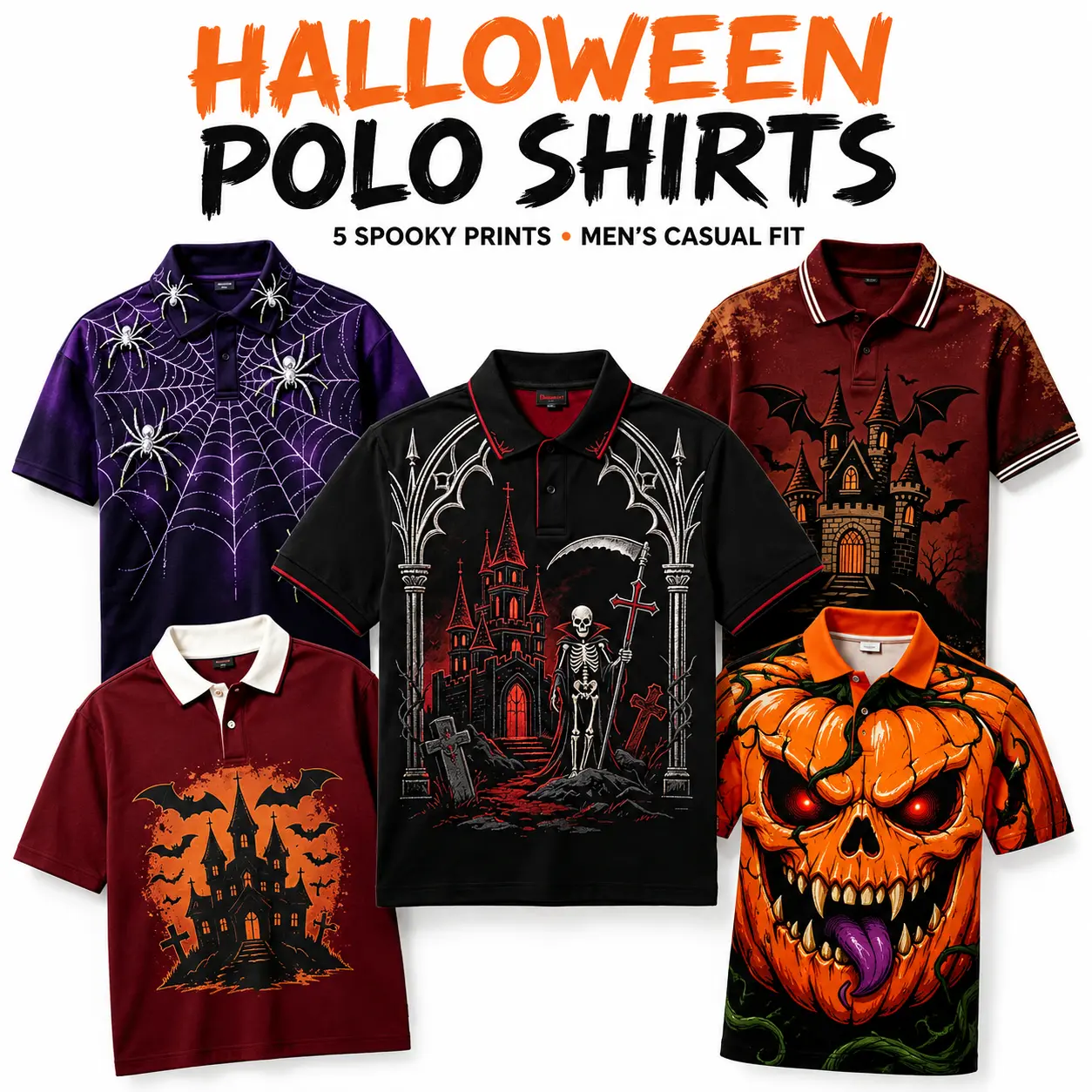 New Halloween Printed Men Polo Shirts, European Size Casual Short Sleeve Polo Tops, Fashion Versatile Breathable Tee Shirts for Men Holiday Daily Wear