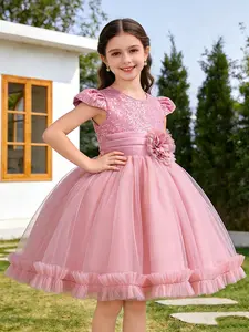 Elegant Girls' Floral Party Dress, High Waist Sheer Ball Gown, Sparkling Sequins, Perfect for Special Occasions, Young Fashionistas