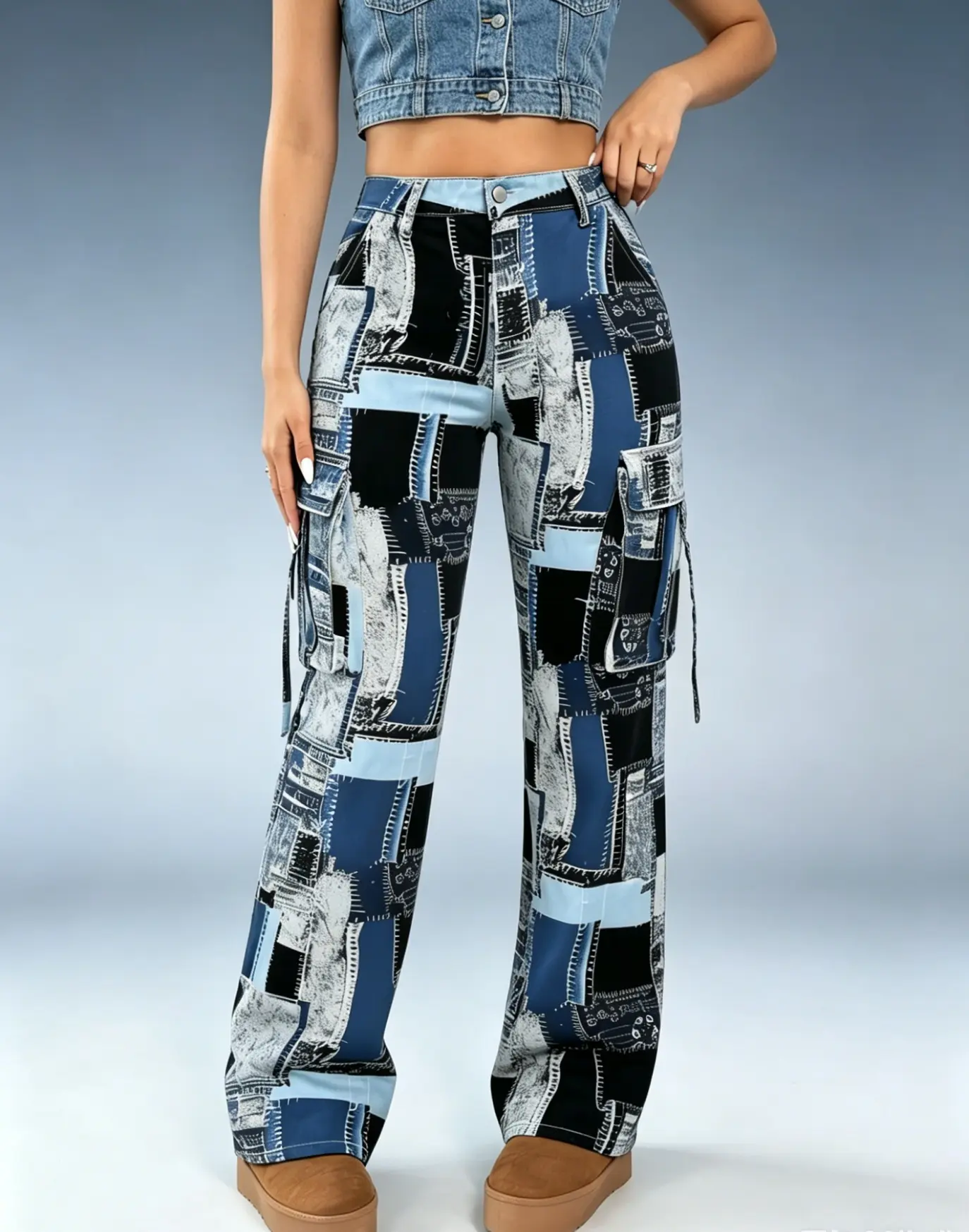 Women's High-Waist Patchwork Print Cargo Wide-Leg Jeans - Multi-Pocket Baggy Denim Bottoms, Casual, Everyday, Y2K Grunge Streetwear Womenswear
