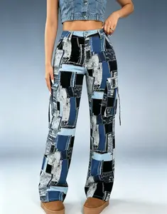 Women's High-Waist Patchwork Print Cargo Wide-Leg Jeans - Multi-Pocket Baggy Denim Bottoms, Casual, Everyday, Y2K Grunge Streetwear Womenswear