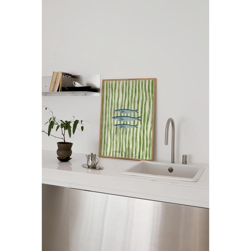 UNFRAMED Sardines Fish Painted Print Green Stripe Trendy Aesthetic Kitchen Wall Art Retro Modern Food Home Decor Framed Print