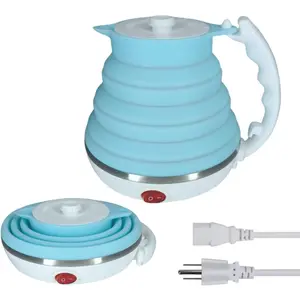 Portable Collapsible Travel Electric Kettle, Food Grade Silicone Ultra-thin Foldable Tea Kettle, Auto Shut off and Keep Warm, 110V 555ml Blue