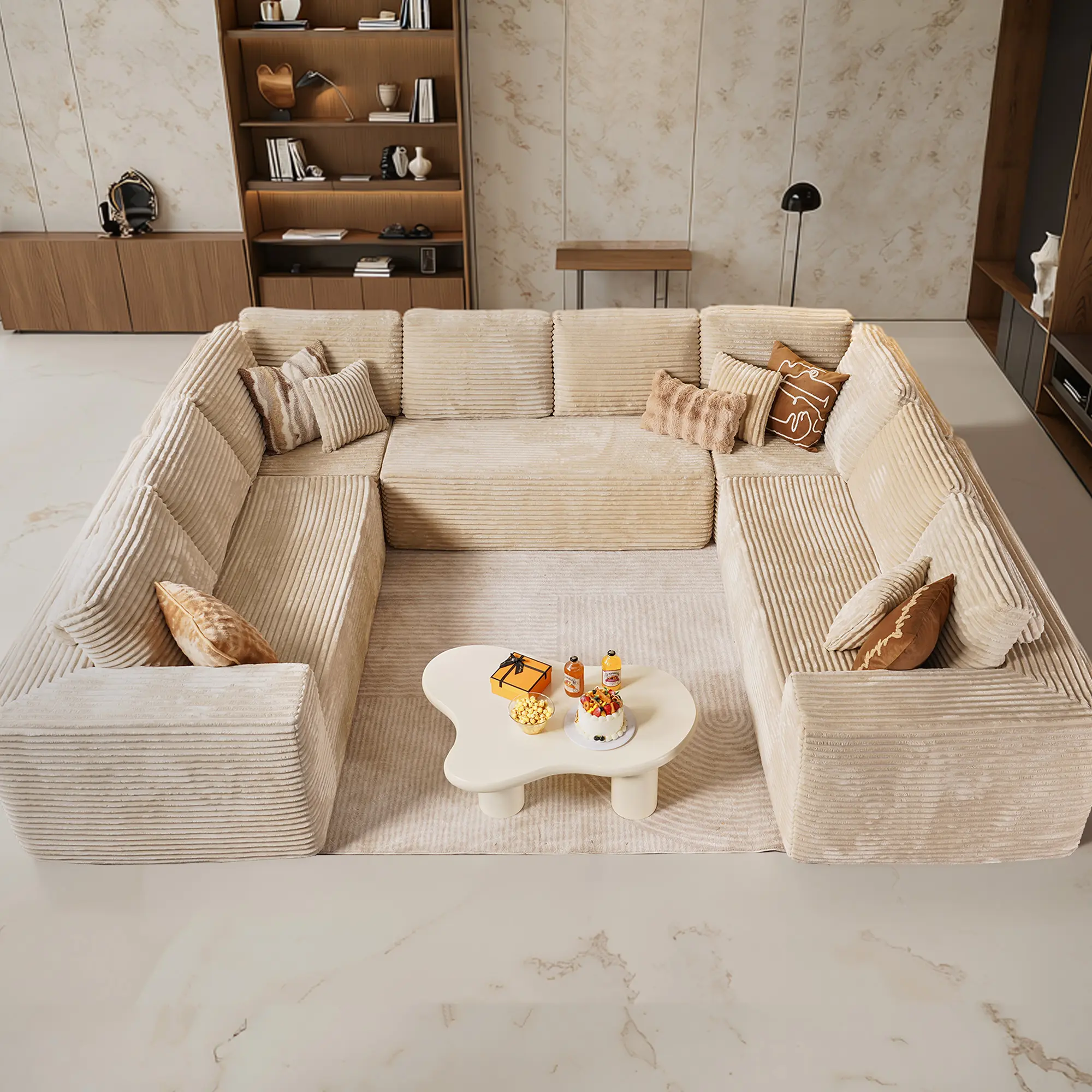【3 Free Pillows】135 inch U-Shape Modular Sectional Couch Sofa, Compressed Corduroy, Modern Sleeper Sofa for Living Room, Space-Efficient Modular Floor Sofa with Soft Velvet Fabric and Deep Seat SofaConvertible Corduroy Sectional Couch【3 Packages shipping】