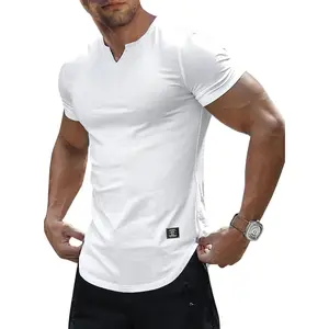 Mens Muscle Slim T Shirts Texture V Neck Longline Henley Gym Workout Athletic Tee Shirt