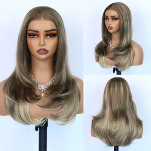 Aodbar hairs Brunette Blonde Layered Lace Front Wig Pre Cut Lace Front Wig 13*4 HD Glueless Women's Wig Pre Plucked Free Part Shoulder Length HD Transparent Lace Wig Glueless Natural Wave Wig Heat Resistant Fiber Synthetic Wig