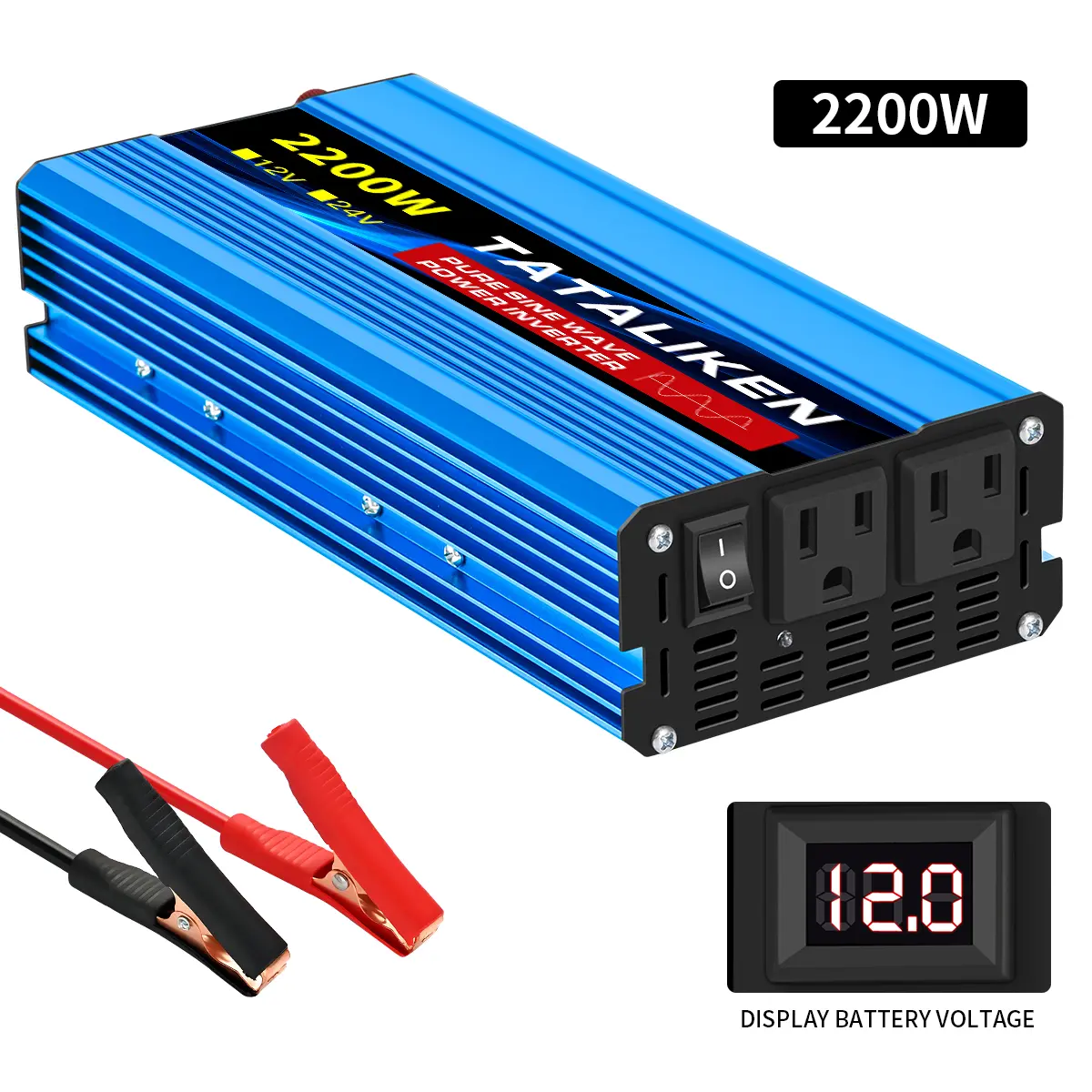 TATALIKEN Pure Sine Wave Inverter 12V/24V DC to 110V US Rules Compliant Power Supply, 2200W, 2 Outlets, for Truck Drivers, Outdoor Workers (Solar & Wind Power Accessory), Ac Power Supply