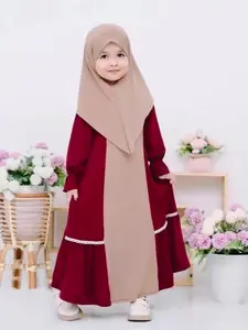 Girls' Long Sleeve Dress Set, Spring & Fall European Modesty Style, Ruffled Hem Design, Two-Piece, Kids Fashion Clothing