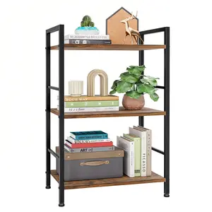 Rustic Brown 3 Tier Bookshelf with Metal Frame, Freestanding Industrial Bookcase Storage Rack for Books, Plants and Decor, Durable Wooden Shelf Organizer for Living Room, Bedroom, Office or Small Spaces, Modern Home Storage Solution