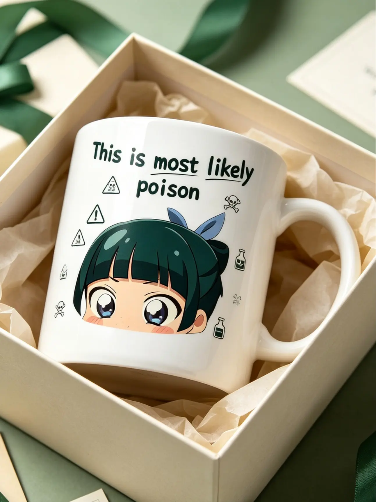 Apothecary Diaries Ceramic Coffee Mug with Green Rim, Handle, Funny Anime Themed Gift Idea for Kitchenware Drinkware Use