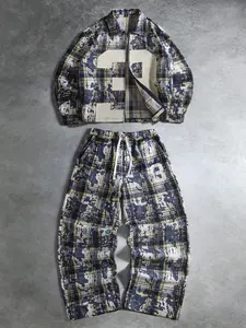 Men's Young Street Style Plaid Jacket Set, Long Sleeve Zipper Shirt Coat, Loose Fit Drawstring Pants, Vintage Modern Fashion