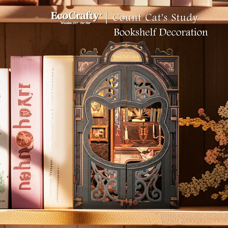 EcoCrafty Count Cat's Study DIY Dollhouse Booknook Bookshelf Insert Decor with LED Light Unfinished Wood Premium Quality Assembly Fun for Kids & Seniors