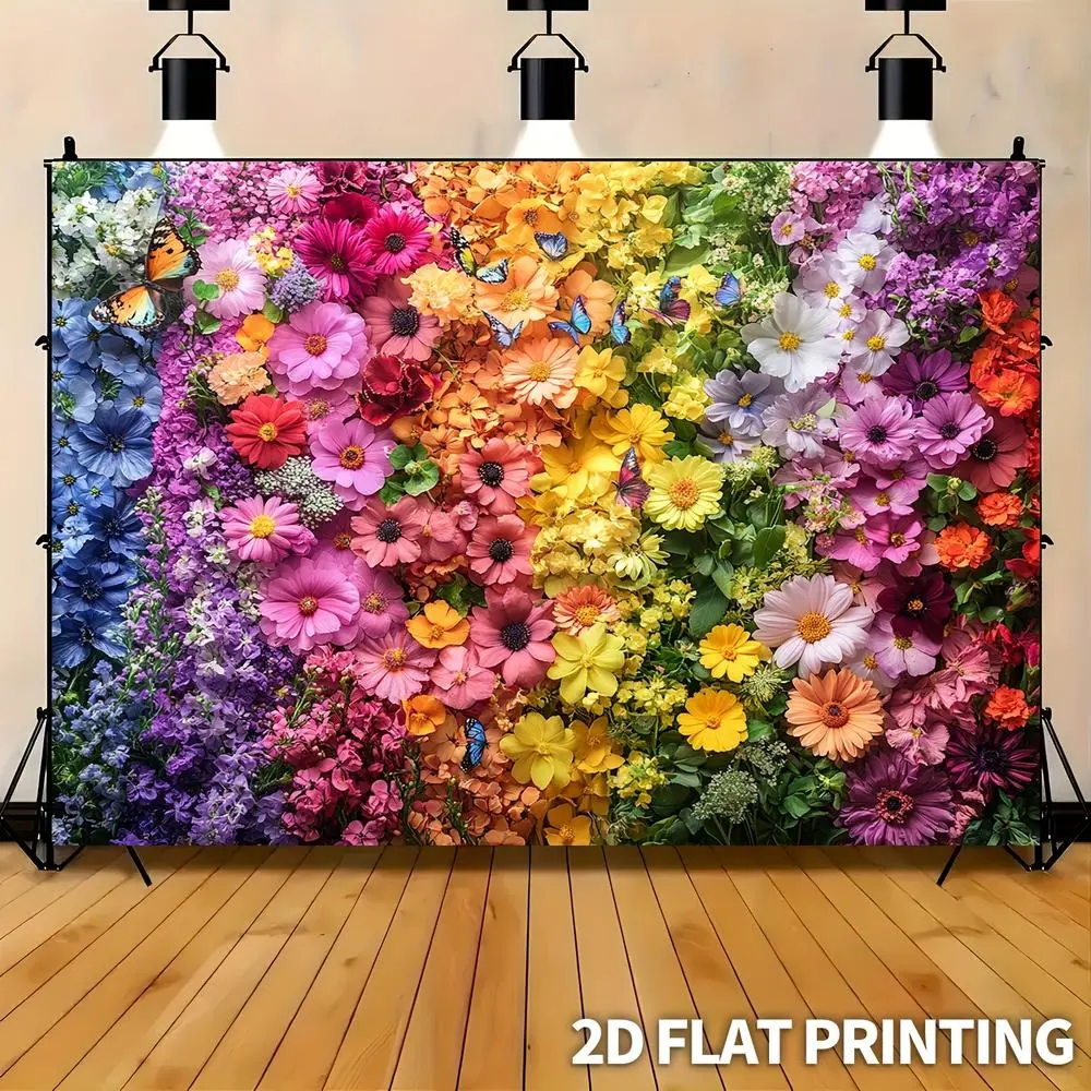 1PC 2D Flat Polyester Rainbow Flower-Butterfly Photo Backdrop Banner, Dual-Use for Photography & Decoration with Colorful Print, Ideal for Birthday Parties & Studios,summerwins