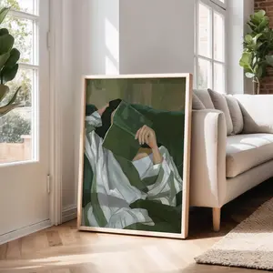 [Sale off up to 50%] [Free ship] [No Frame] Emerald Green Reading Woman Wall Art Large Abstract People Poster Cozy Striped Art Portrait Minimalist Contemporary