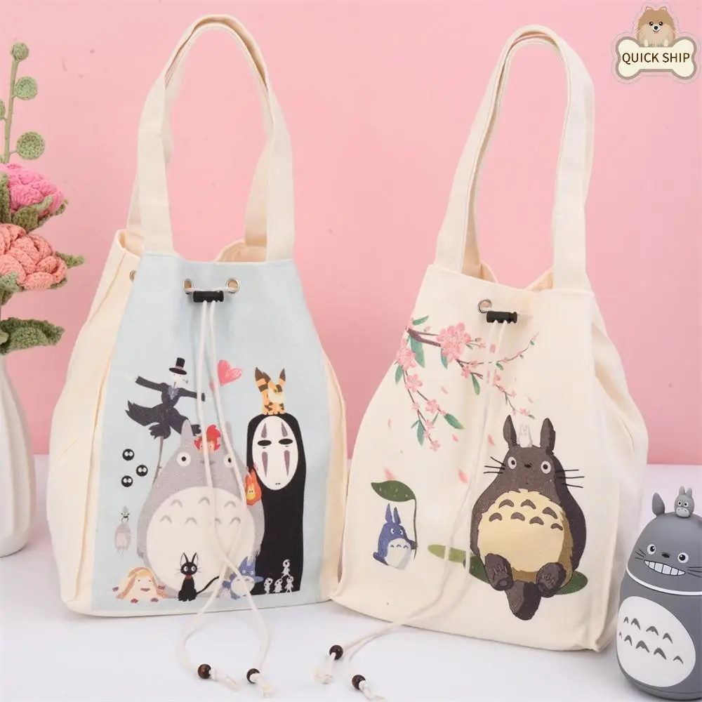 Totoro/Faceless Man Drawstring Lunch Bag for Back to School, Japanese Handmade Canvas Work Lunch Tote,Birthday/Summer/Beach Gifts