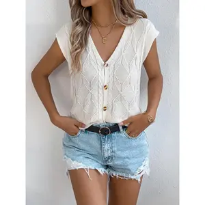 Spring Summer Casual Basic V-Neck Knit Sweater Vest for Women, Single-Breasted Fitted Pullover Top, Plain Pattern, Ladies' Fashion