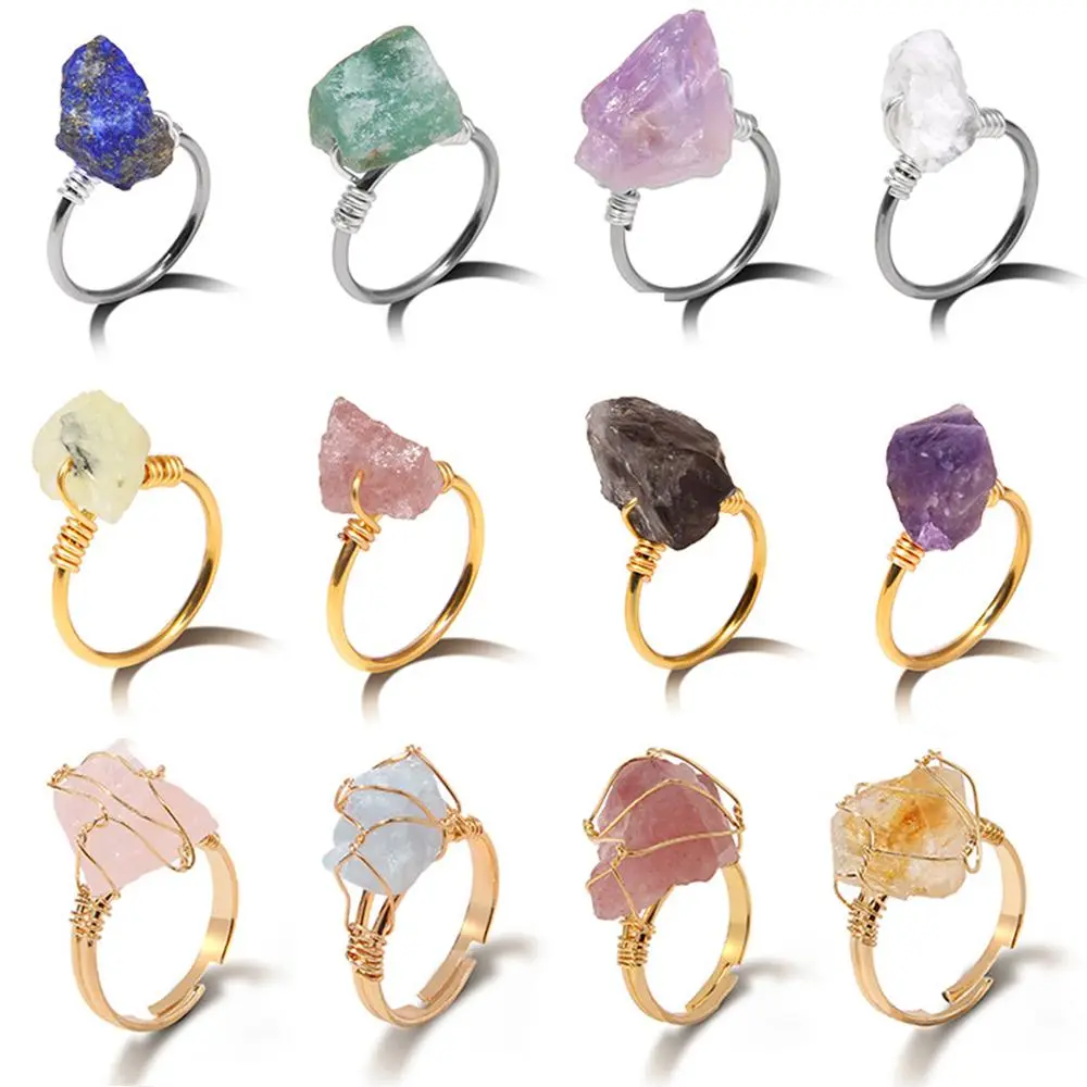 Raw Stone Ring Irregular Quartzs Aquamarines Citrines Gem Stone Finger Ring Party Wedding Jewelry Gift For Women Men Couple