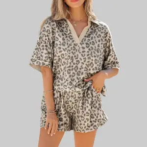 S-4X Plus Size 2-Piece Casual Leopard Printed V-Neck Shortsleeve Breathable Top and Shorts Set - Stylish Plus Size Sets for Everyday Wear