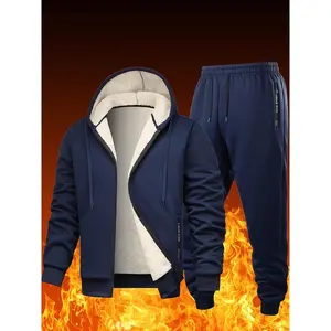 2 Piece Set Winter Fashion Fleece Lined Men's Casual Hooded Thick Sports Jacket Versatile Trousers Trendy Sporty Style Sportswear Athleisure Breathable Clothes