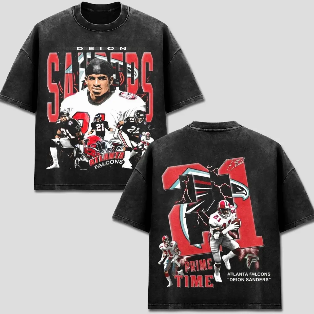 Deion Sanders 21 T-Shirt, Atlanta Team Football Tee, ATL Dirty Birds Merch, Prime Time Falcon Helmet Graphic Apparel, Retro 90s Bootleg Sports Wear, American Football Fan Heritage Gift, Men Women Heavyweight Oversized Black Acid Wash Clothing D3O