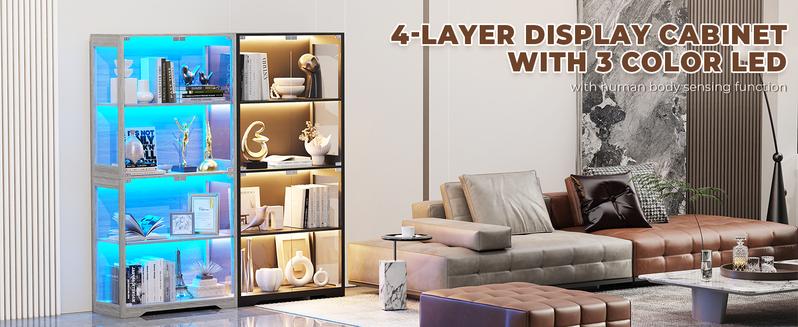 MIIFUNY Display Cabinet with Glass Doors, Storage Cabinet with 3 Color Light, 4-Tier Curio Cabinet&Bookcase for Collectibles, Toys, Books, for Playroom, Bedroom, Study Room, Black