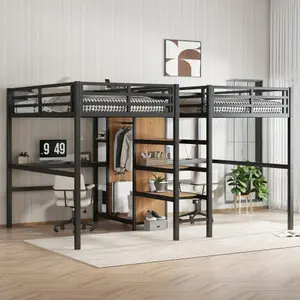 Bellemave  Twin Over Twin Metal Loft Bed with Double Desk and Wardrobe and Shelves with Electrical Outlet for Space Saving and Noise Reduction Durable Protective Guardrails
