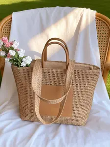 Women's Handbag Shoulder Bag, Large Capacity Totem Basket Weave Grass Beach Bag, Suitable for Coastal Holidays Commuting Shopping