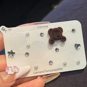 Cute Bear Lens Film Handmade Rhinestone Sparkle film for iPhone 17/17 Pro Max, Stylish Protective Smartphone Screen Protector, Unique Design Accessory, Protection