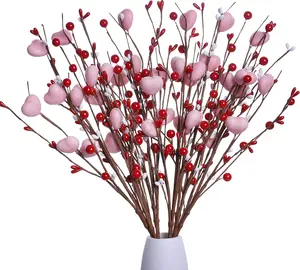 Valentines Day Decorations 6 Pack Valentines Day Picks Berry Stems with Pink Hearts for Valentine Decor Anniversary Wedding Decorations (Red/Pink)