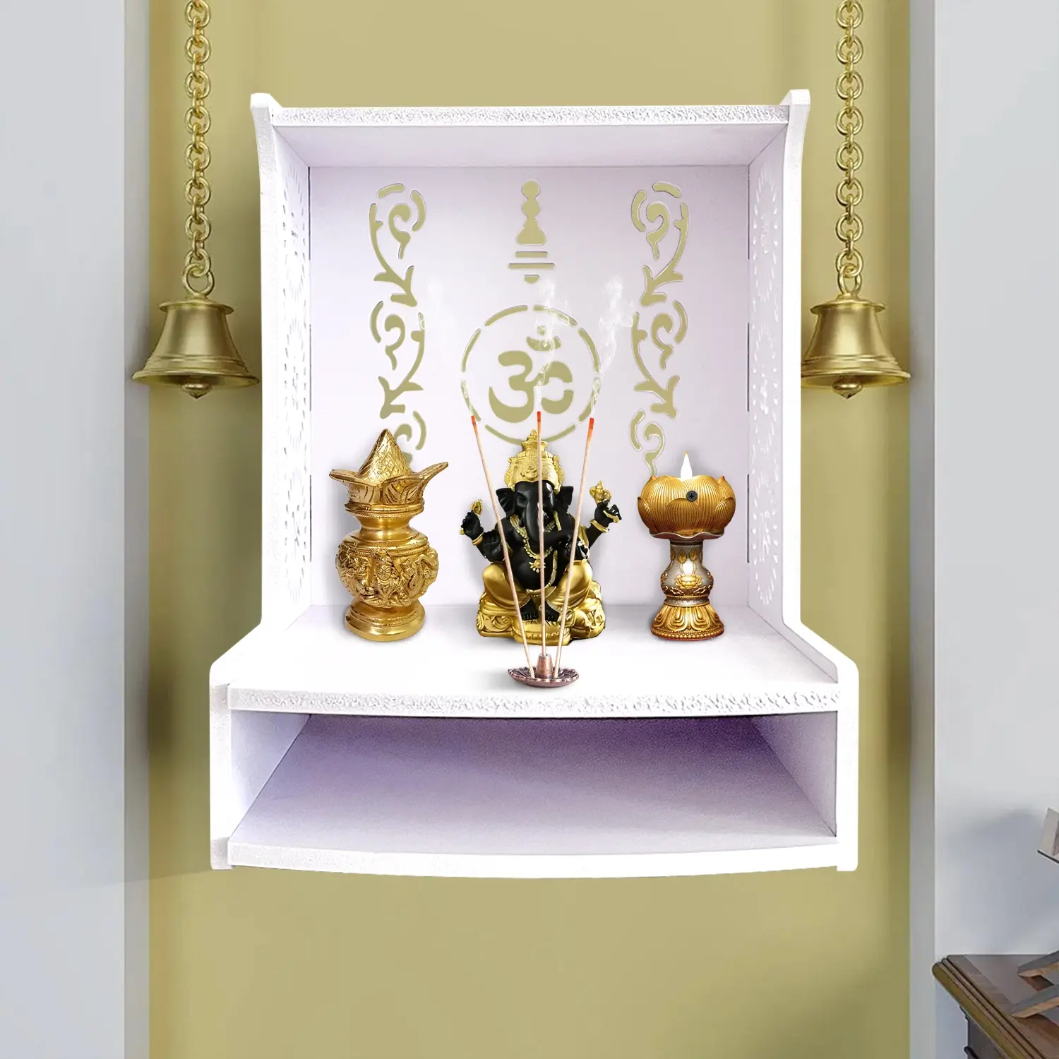 PVC Home Temple Modern Design, Hanging Storage Box Temple, Hanging Holder, Hindu Family Temple, Suitable for Home and Office Puja Temple, Floating Corner Shelf, Shelf Rack, Wall Mount Design