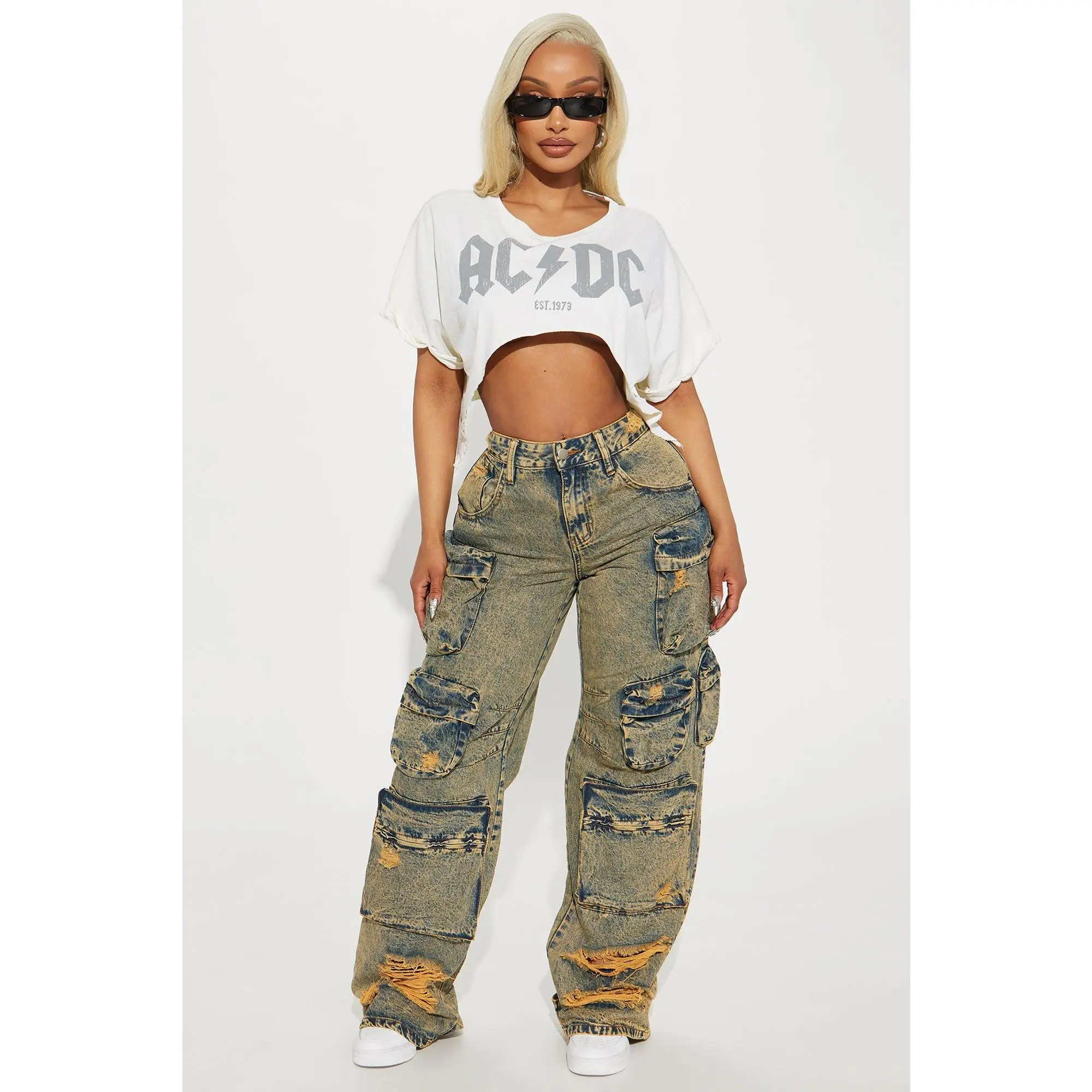 Nikki Non Stretch Acid Wash Cargo Jeans - Vintage Wash Nikki Non Stretch Acid Wash Cargo Jeans - Vintage Wash