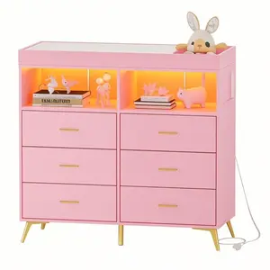 Garvee Baby Changing Dresser with 6 Drawers, Power Outlet, Modern Diaper Changing Station, Dresser for Nursery with 6 Drawers & Shelves, Wooden Storage Crib with Table