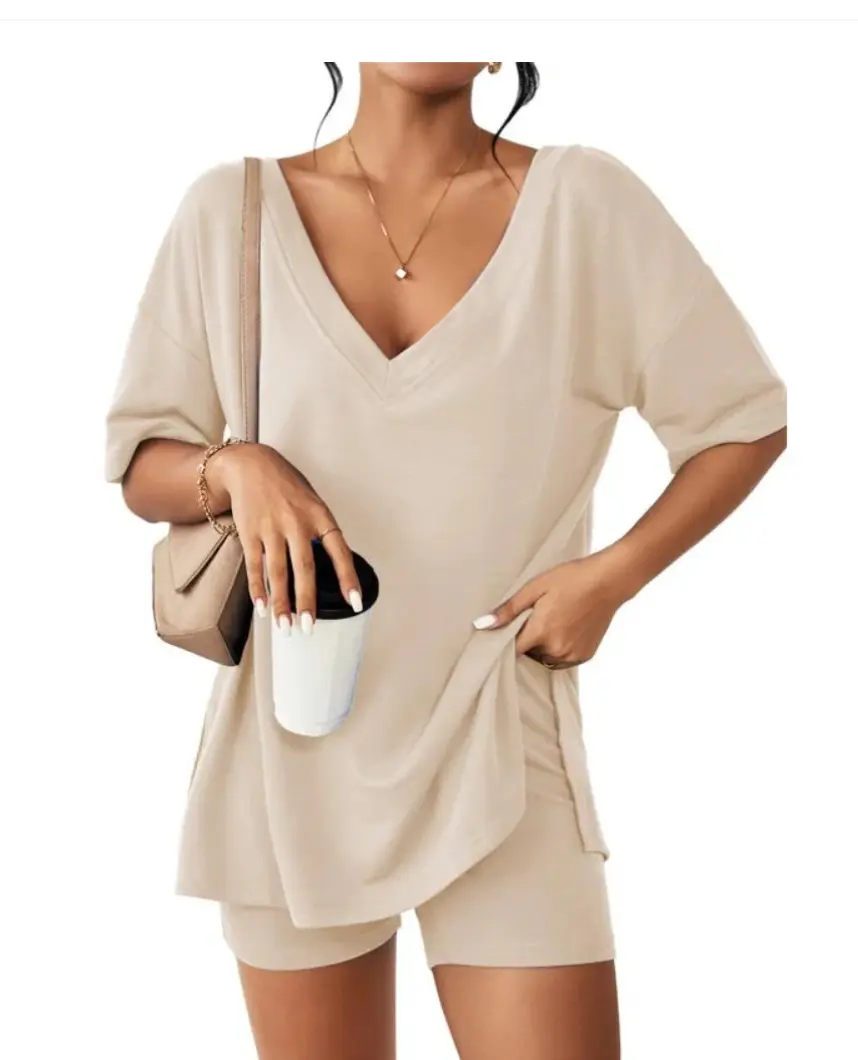 V-neck comfort Two-Piece Pajama Set For Women Summer Casual Split Hem Shirts & Biker Shorts Minimalist Lounge Wear Soft Homewear Cozy Pjs Clothes Comfy