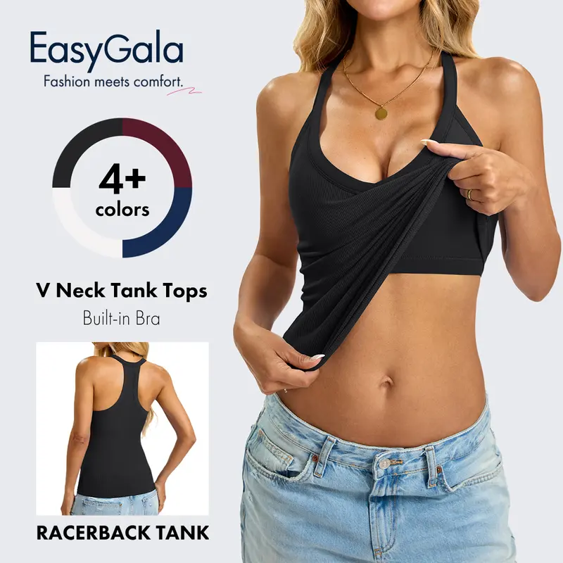 EasyGala Women's Padded Ribbed Built-in Shelf Bra Racerback Tank Top - Sleeveless, Stretchy, Basic, Casual, Slim-Fitted Sexy V-Neck Halter Strap Tee with Fabric for Summer Vibes, Light, Soft,back to school,back to school shopping, Leggings, #sohochic