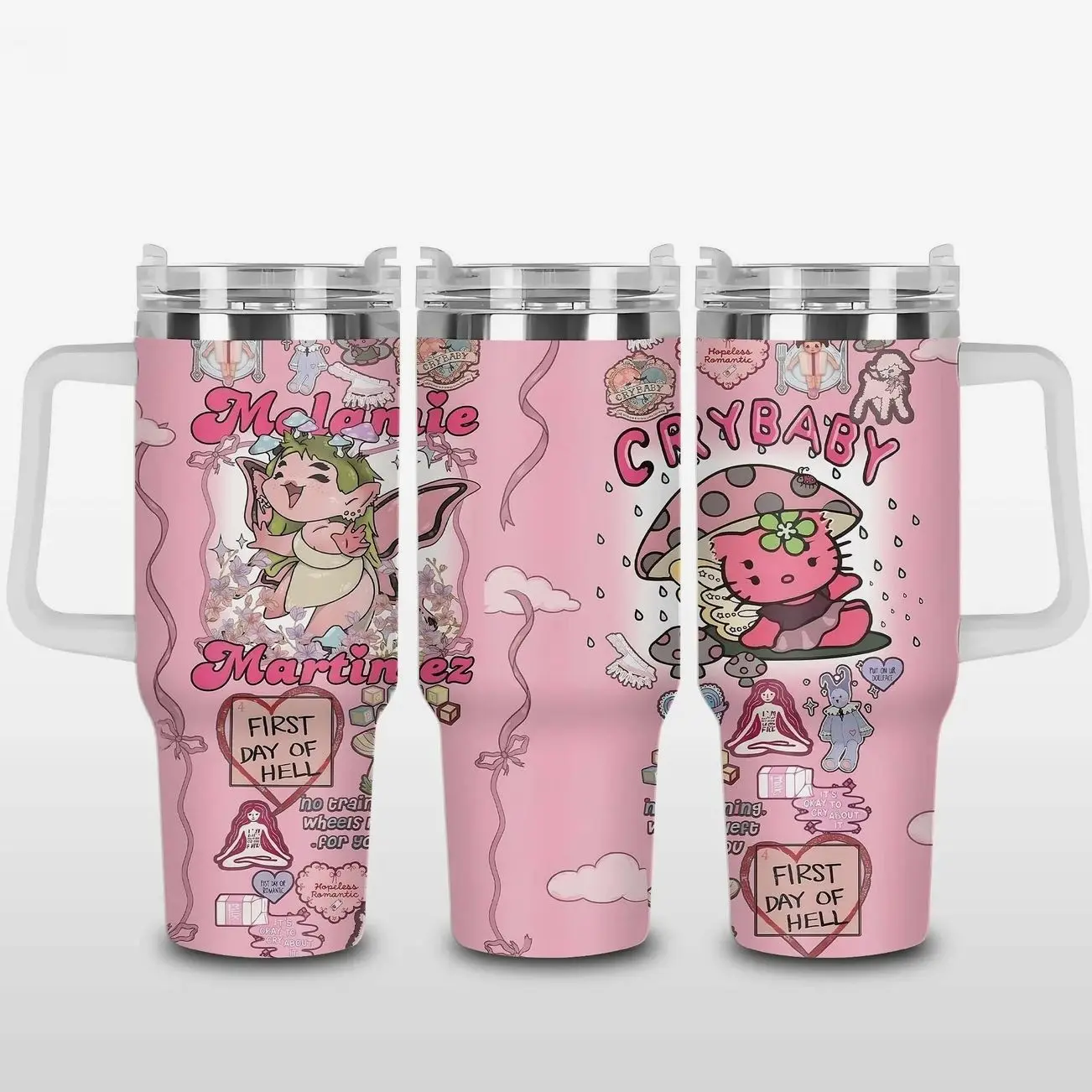 Melanie Martinez Crybaby Aesthetic Tumbler 40oz & 20oz, Insulated Stainless Steel Travel Mug with Handle & Lid, Cute Pink Dollcore Design, Sad Girl Vibe Gift for Crybaby Fans