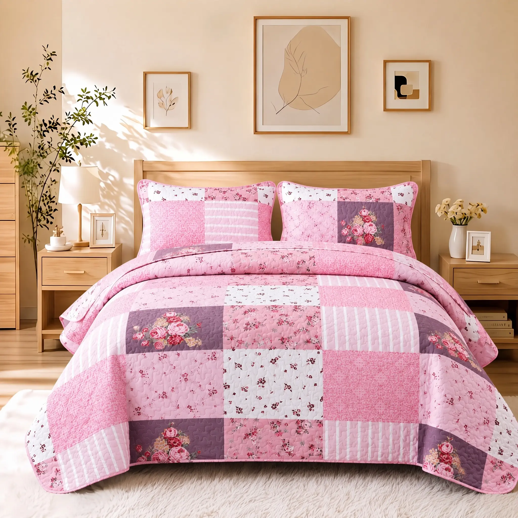 【Back to School】Botanical Floral Quilt Set – Reversible Lightweight Bedspread, Soft Boho Printed Coverlet for All Seasons, Machine Washable Bedding, 1 Pillow Sham for Twin, 2 Pillow Shams for Queen/King
