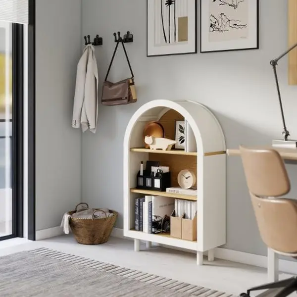 Bellemave  Arched Small Bookcase,Arched Storage Cabinet,Wooden Modern Arched Top Bookshelf with 3 Shelves,White with Woodgrain Shelves, 3-Tier Storage Shelf for Living Room, Bedroom, Entryway Wooden Coat Rack Shoe Rack Shelf