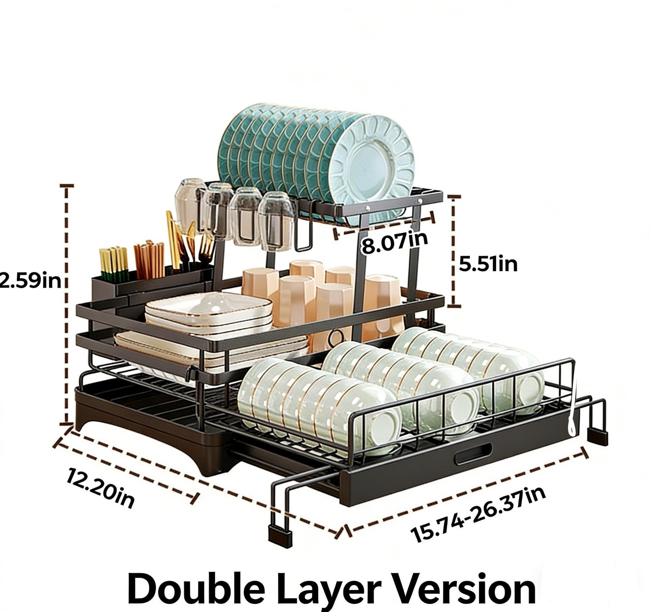Foldable 2-Tier Dish Drying Rack with ABS & Carbon Steel Construction, Expandable Kitchen Counter Organizer with Drainboard, No More Wet Counter, Space Saving Storage for Dishes & Utensils