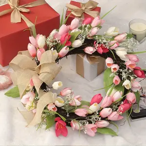 Artificial Tulip Wreath, Realistic Floral Decor, Burlap Bow Accent, All-Year-Long Door Wreath, Festival Party Decoration, Home Ornament
