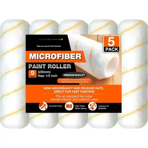 Origin 9 Inch Microfiber  Roller Covers 1/2" Nap - Professional Wall & Ceiling  Supplies, 5-Pack  Roller Naps for Roller Frame, No Drip Painting Tools for
