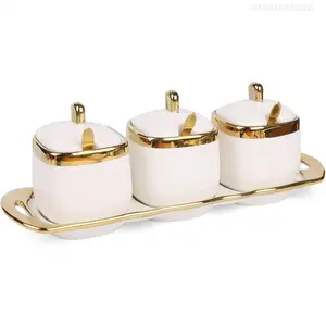 Sugar Bowl with Lid and Spoon,Ceramic Condiment Jars  Container with Tray,Salt and Sugar Containers, Condiment Canisters Pots Seasoning Box Set of 3 for Kitchen Coffee Bar,WhiteFFSummitSupply7