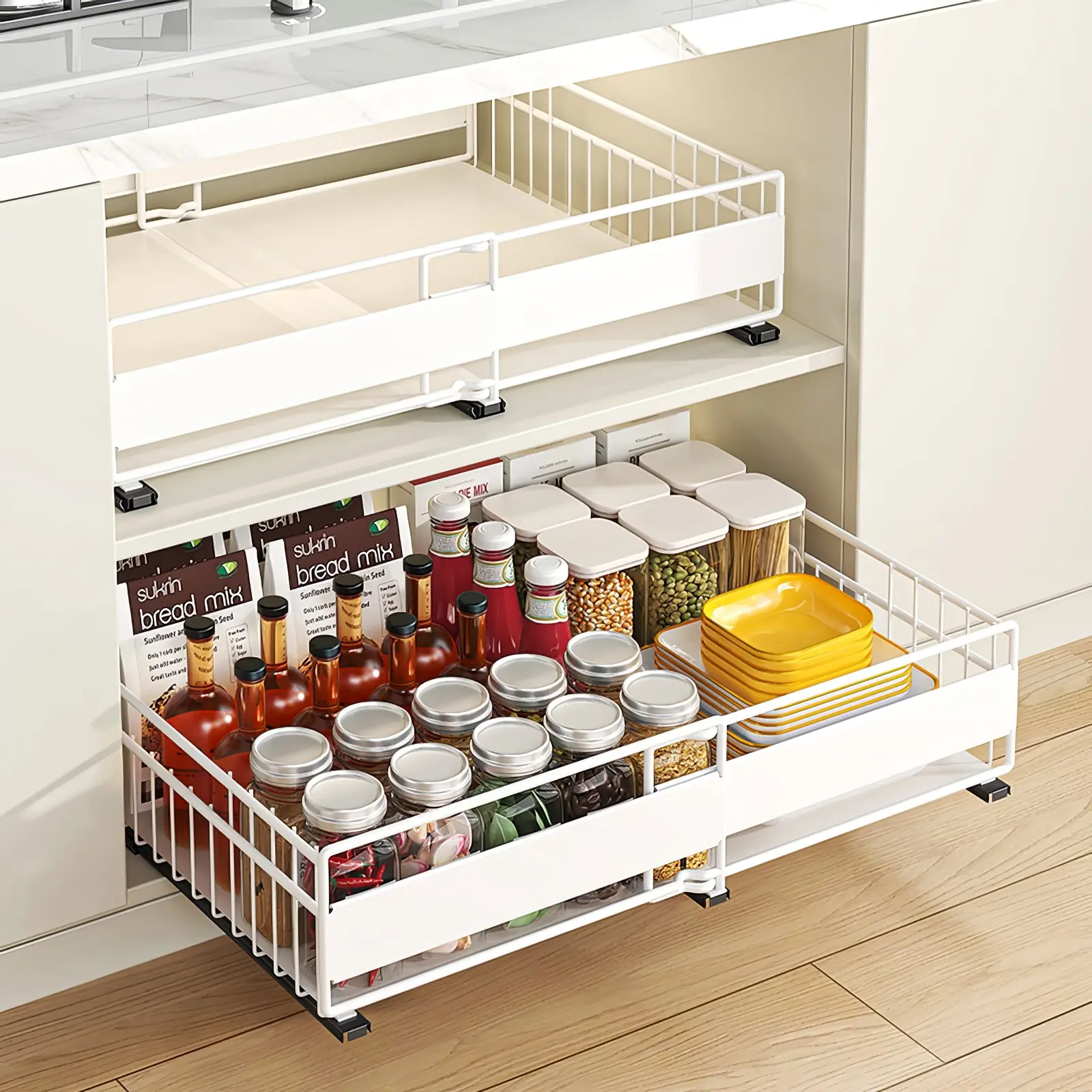 2 Counts Expandable Kitchen Drawer Storage Rack, Deep Cabinet Pull-Out Organizer, Dishware Holder, Spice Bowl Dishes Drawer Shelf, Adjustable Removable Tray