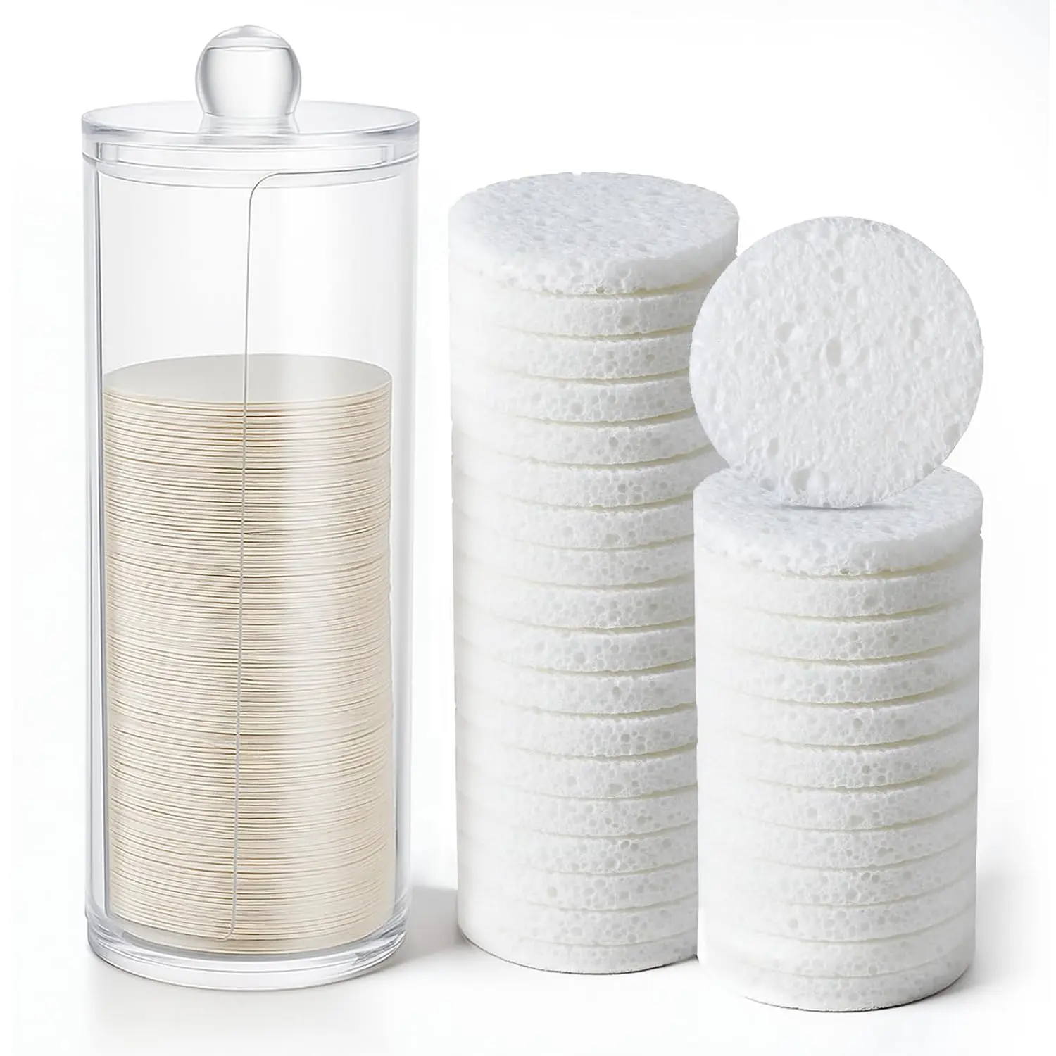 120 Pcs Compressed Facial Sponges with Container, Disposable Round Face Sponge Pads Portable Makeup Removal Wash Sponges for n Cleansing Makeup Spa (White)