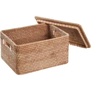 Basket With Lid, Large Lidded Basket For Storage Square Rattan Box(14.17" L×10.24"W×9.45"H)