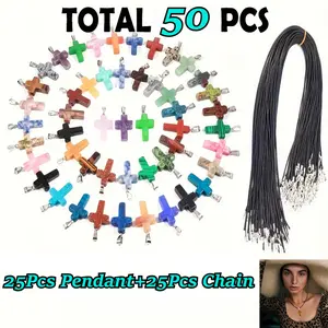 50Pcs Multi Colored Cross Shaped Imitation Crystal, Glass Pendant, Loose with Black Adjustable Necklace, Suitable for DIY Necklace, Bracelet, Keychain Jewelry Making Supplies, Fashionable Jewelry Accessories, Christmas Gifts for Family, Friends