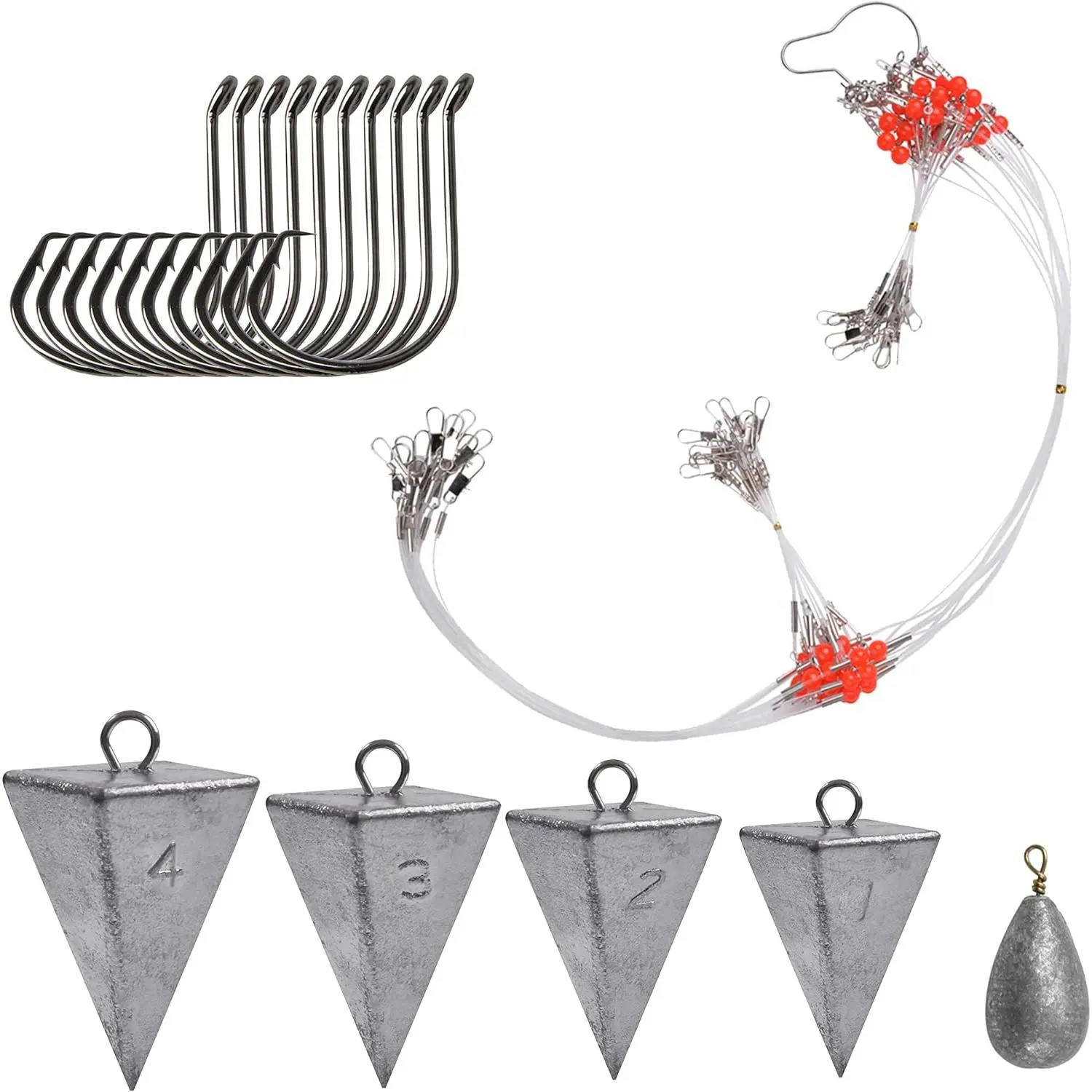 Saltwater Surf Fishing Tackle Kit - Saltwater Surf Fishing Rigs Bottom Rigs Include Fishing Leader Rigs Pyramid Sinkers Bass Casting Sinker Circle Hooks for Striped Bass Red Drum Flounder